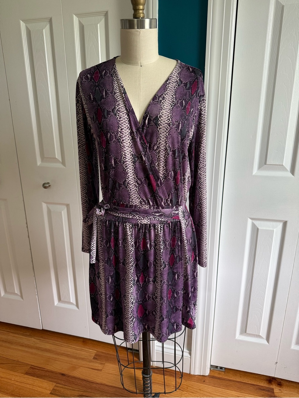 Abbeline Purple Snake-Print Mini Dress with Sash
